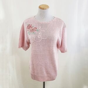 Vintage pastel pink embroidered rose sweater short sleeve size small